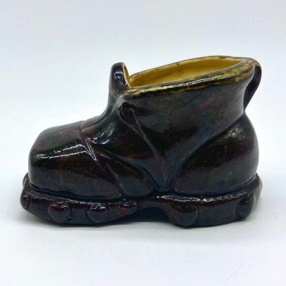 Vintage Mid Century Glazed Ceramic Boot Shoe Planter Vase Catchall Brown Yellow - Picture 3 of 9